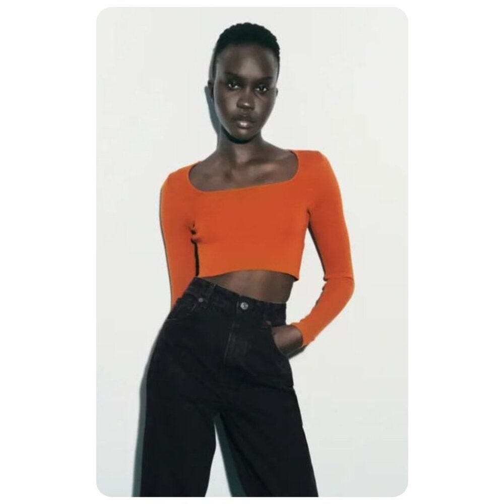 ! Zara Orange Long Sleeve Square Neck Crop Top sz US M